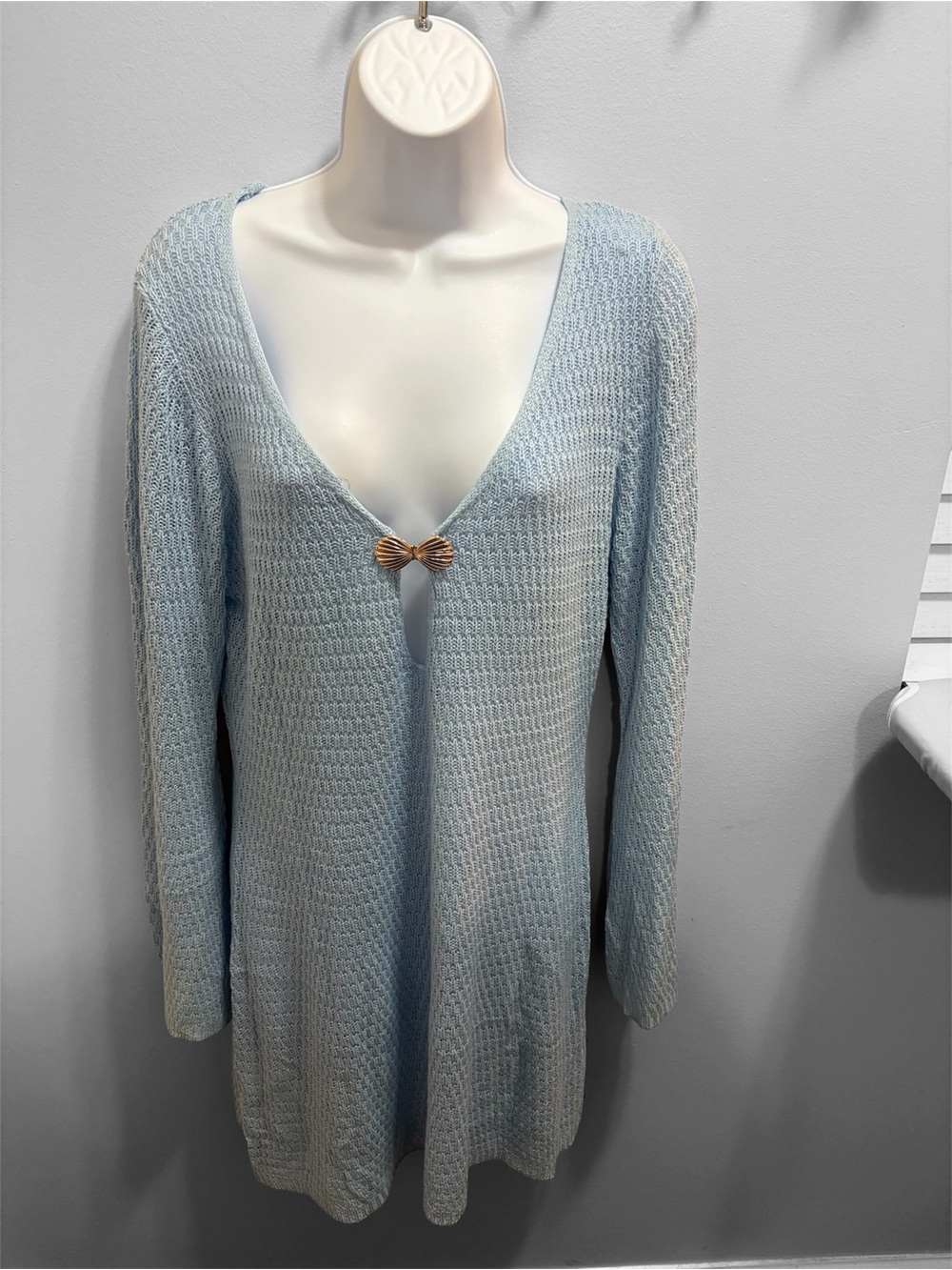 Dokotoo Light Blue Knit Long Sleeve Swimsuit Coverup with Shell Clasp